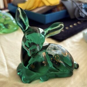 Vintage Fenton hand painted green glass Deer Fawn signed J. Cutslaw